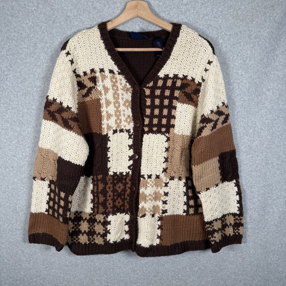 Crazy horse cardigan womens large vintage patchwork sweater knit 90s